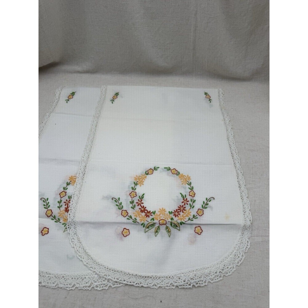 Vintage Embroidered Table Runners Pair Lace Trim Cottagecore Floral Deco